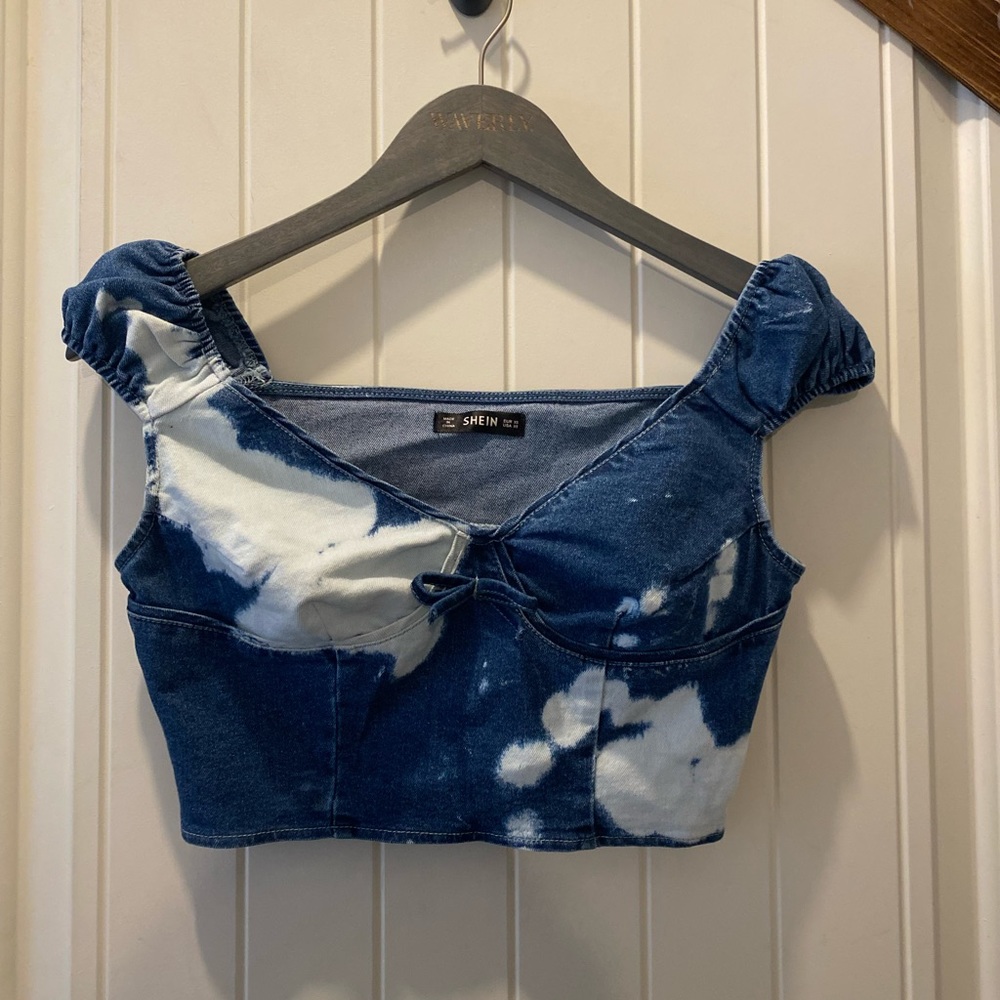 Shein Denim Cloud Print Crop Top Cropped Blouse